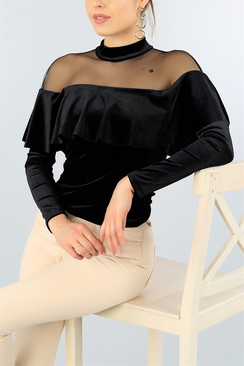 Siyah Kadife Transparan Bluz 45477