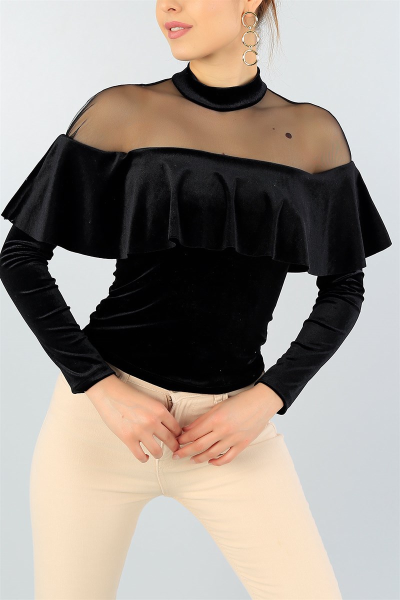 Siyah Kadife Transparan Bluz 45477