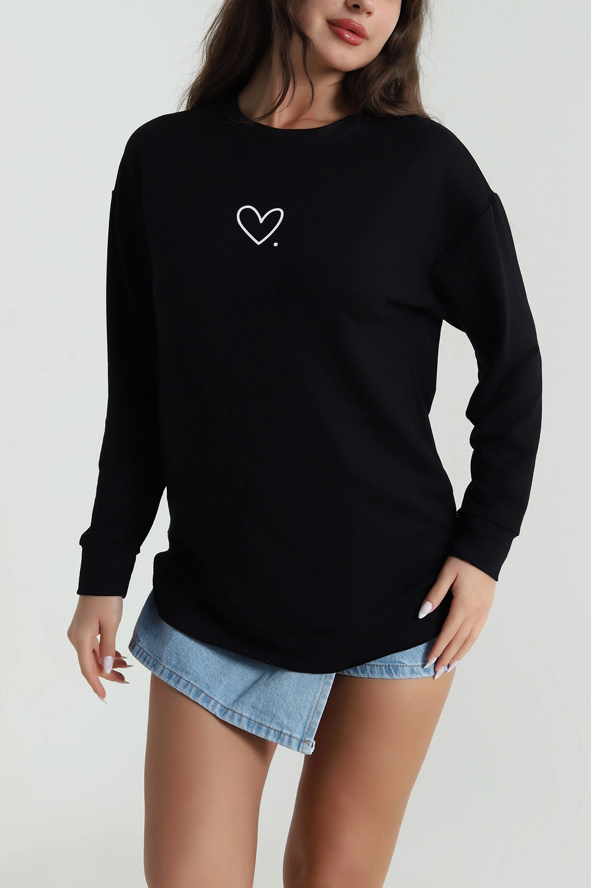 Siyah Kalp Baskılı Kristal Kadın Sweat Tunik 485619