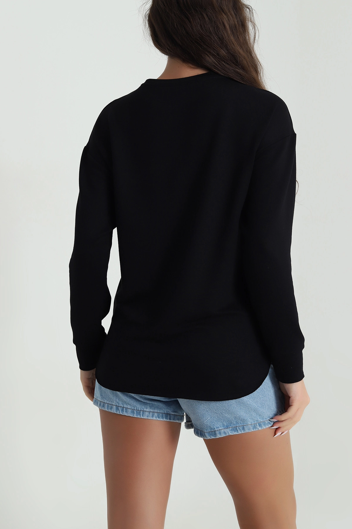 Siyah Kalp Baskılı Kristal Kadın Sweat Tunik 485619