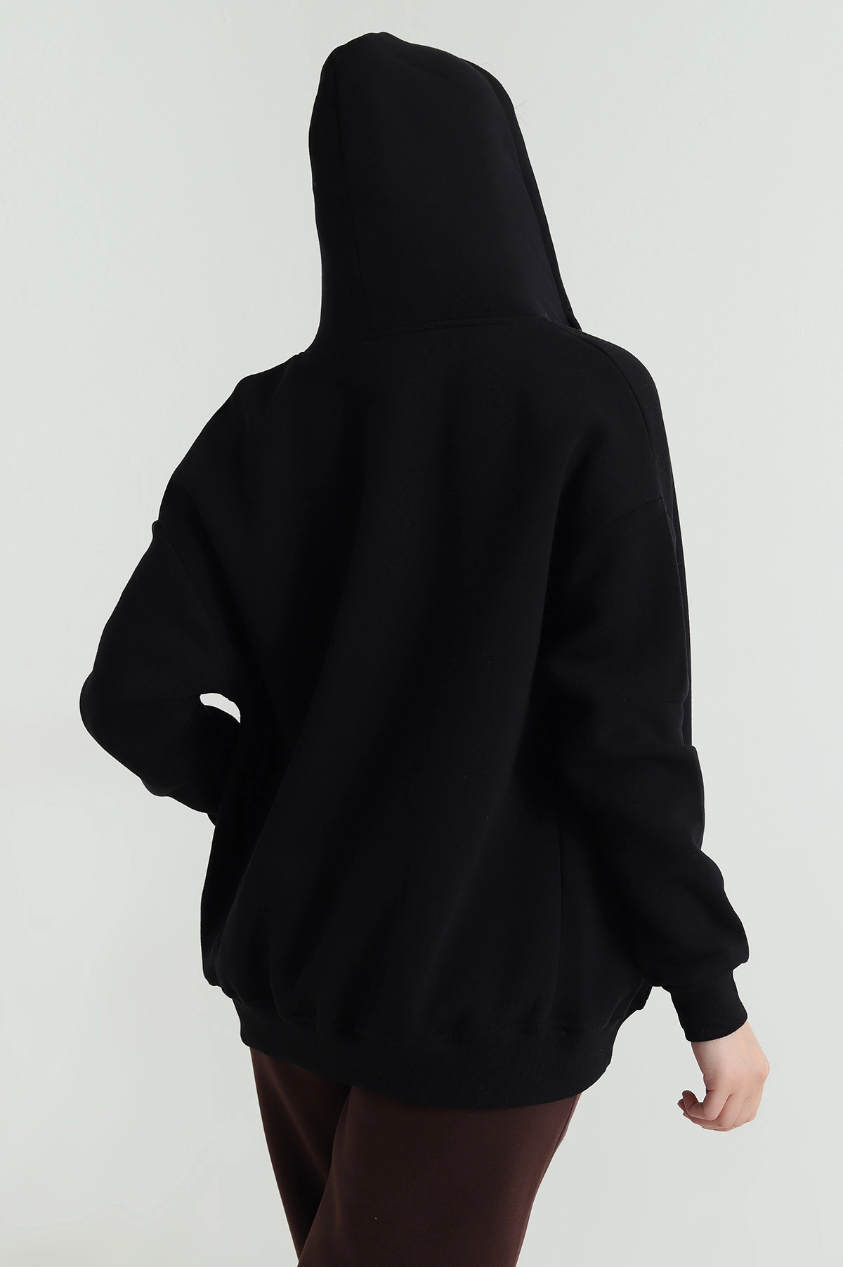 Siyah Kapşonlu Şardonlu Üç İp Kadın Sweat 482261