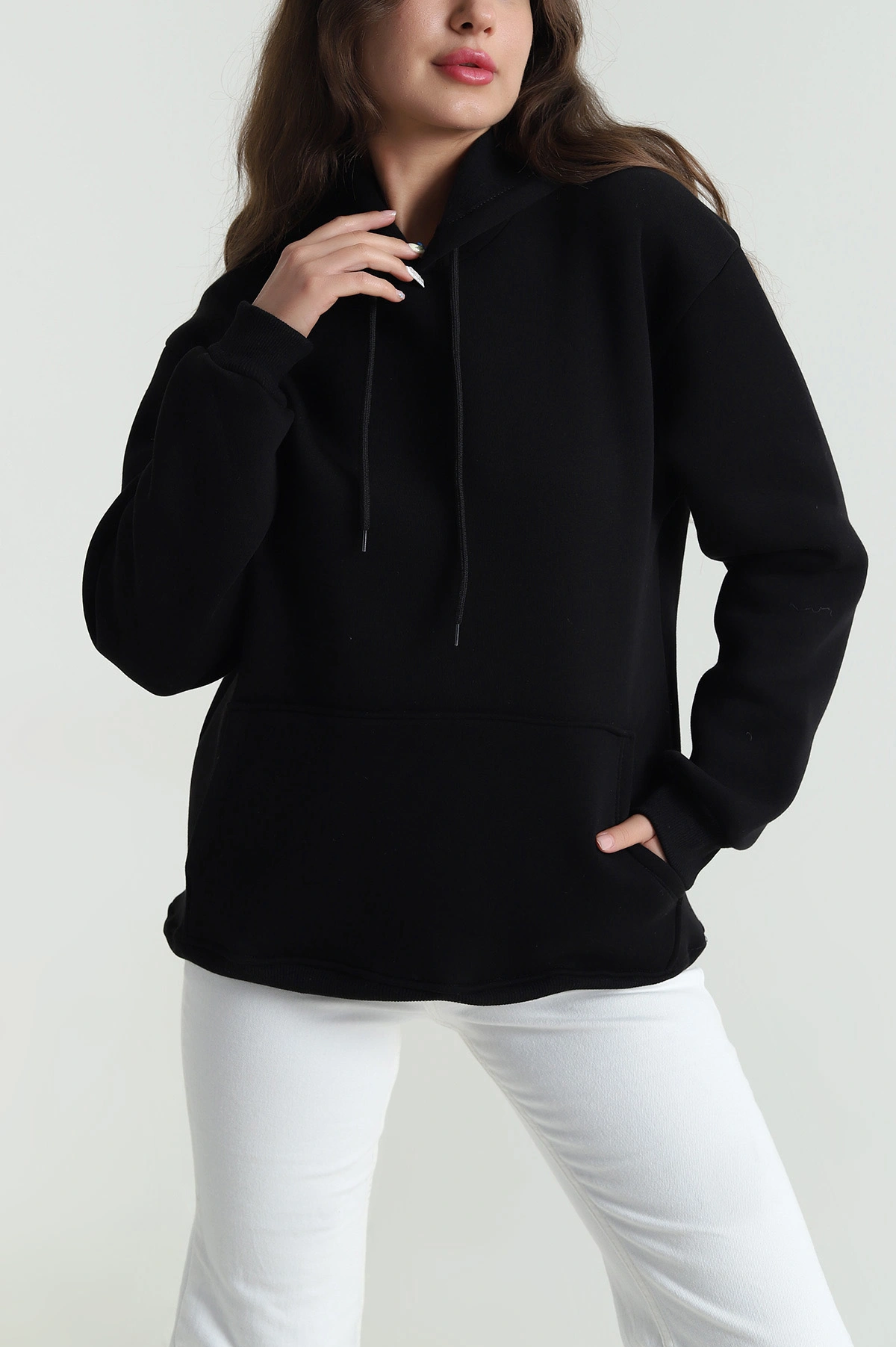 Siyah Kapşonlu Şardonlu Üç İp Kadın Sweat 484640
