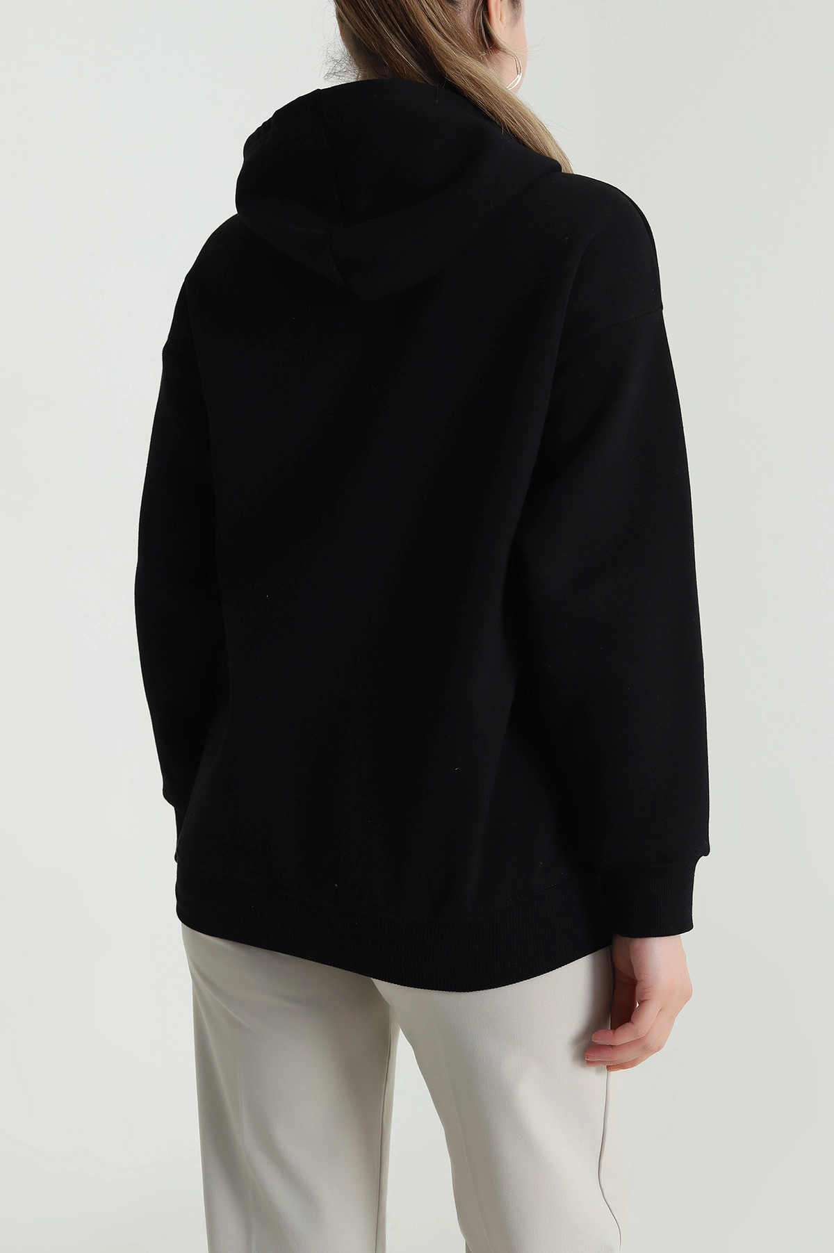 Siyah Kapşonlu Şardonlu Üç İp Kadın Sweat 484976
