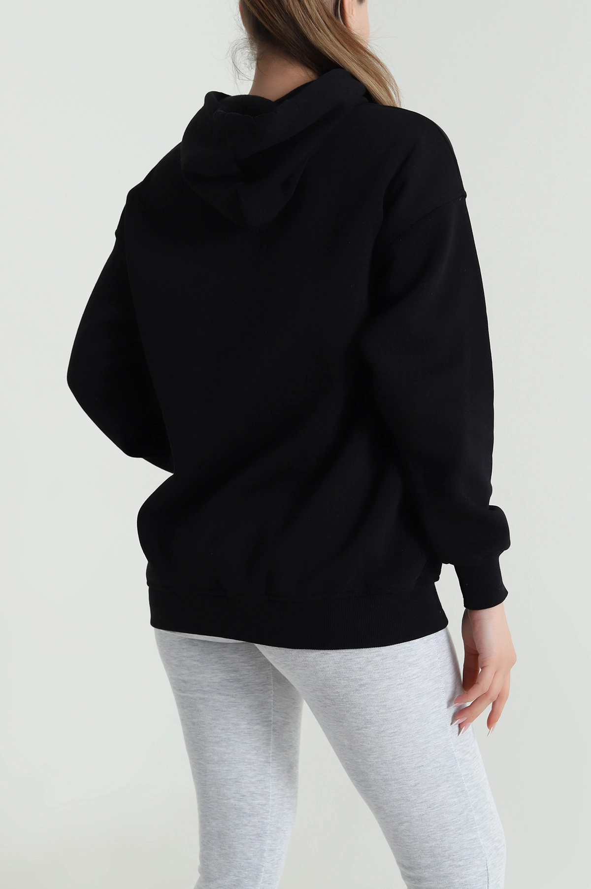Siyah Kapşonlu Şardonlu Üç İp Kadın Sweat 484982