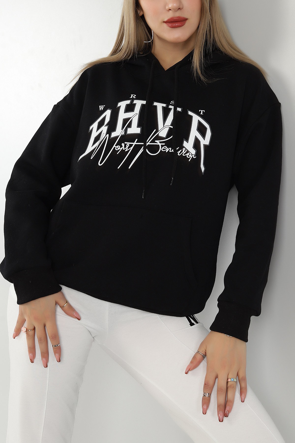 Siyah Kapüşonlu İçi Şardonlu Bayan Sweat 145303