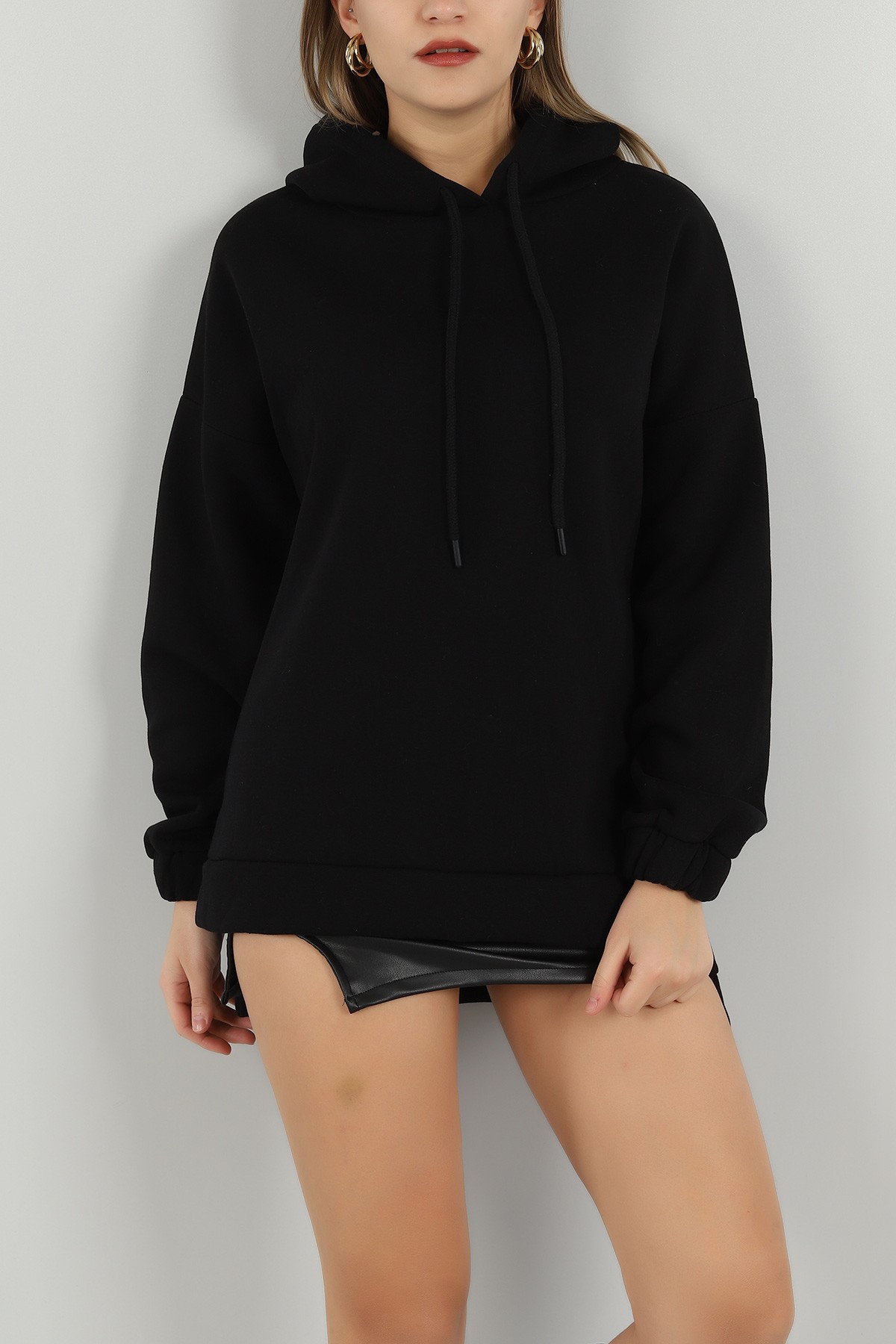 Siyah Kapüşonlu İçi Şardonlu Bayan Sweat 147713