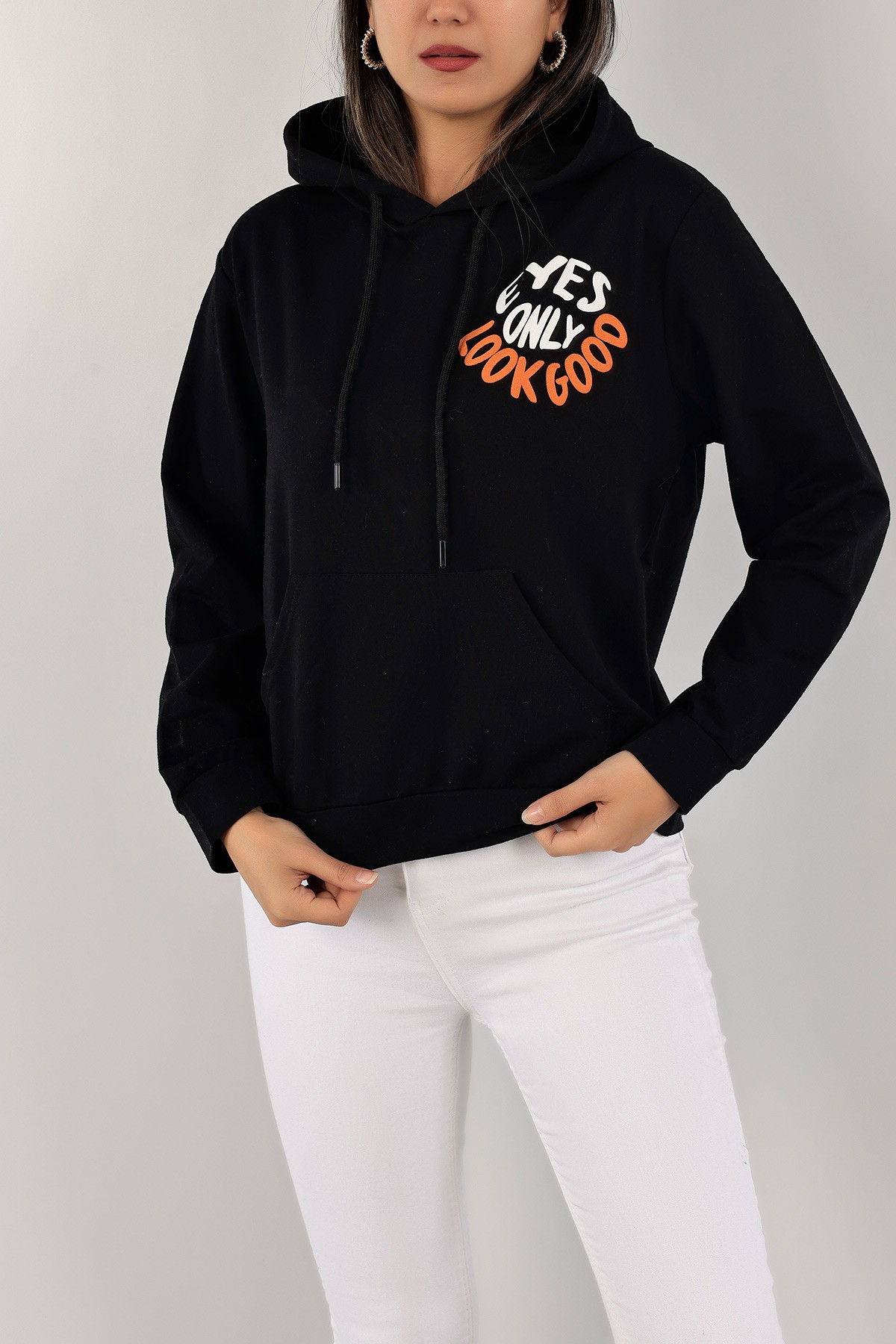 Siyah Kapüşonlu İki İp Bayan Sweat 136601