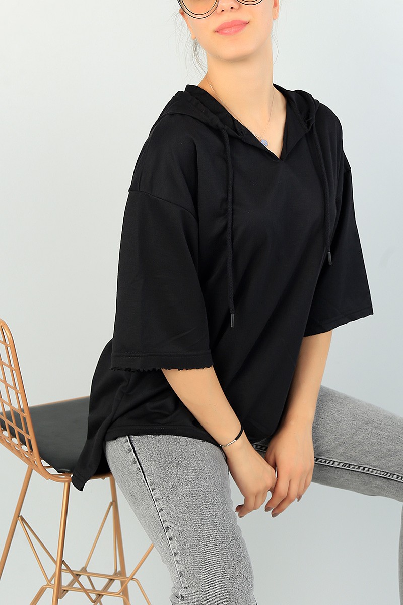 Siyah Kapüşonlu Over Size Tişört 67297