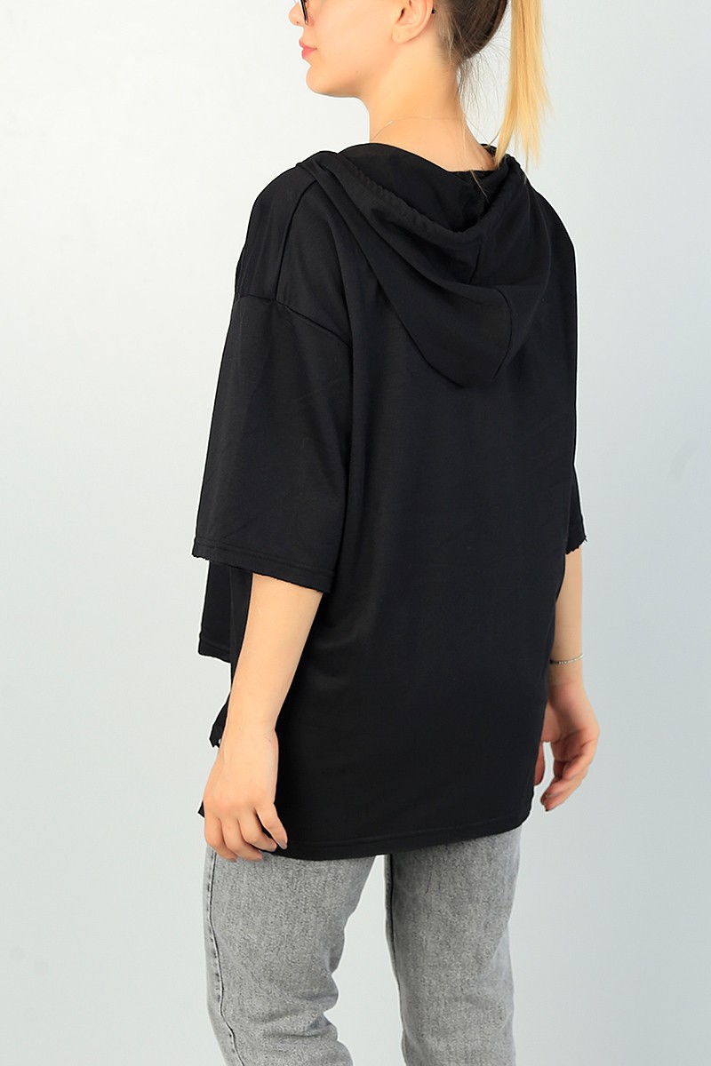 Siyah Kapüşonlu Over Size Tişört 67297