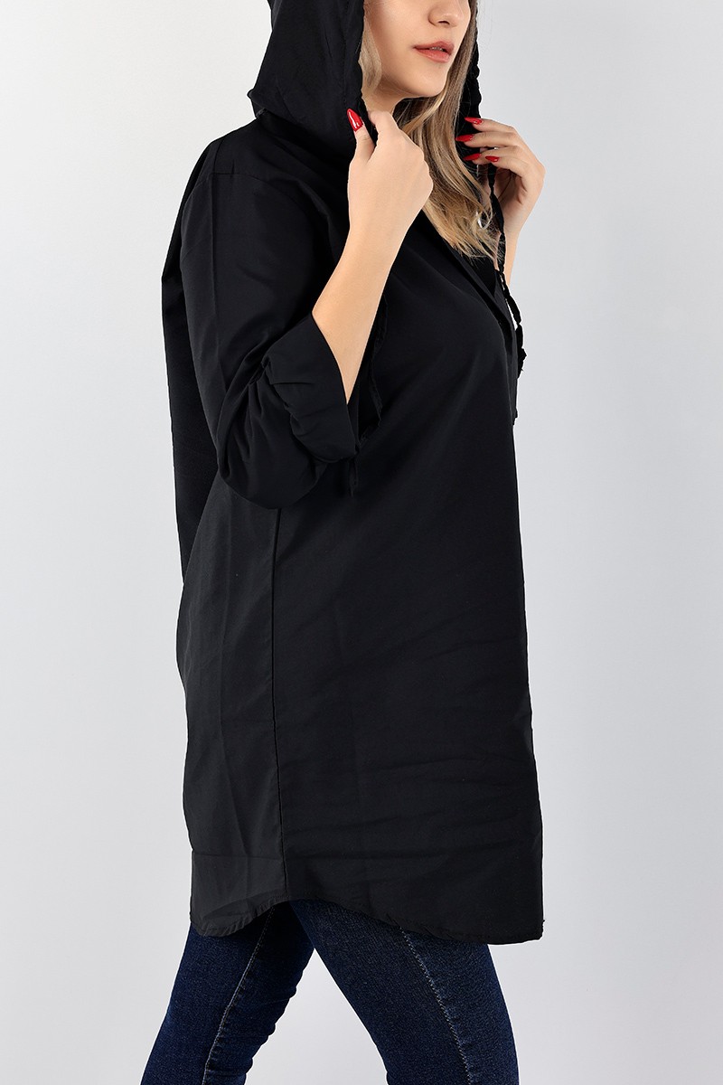 Siyah Kapüşonlu Poplin Gömlek Tunik 96588