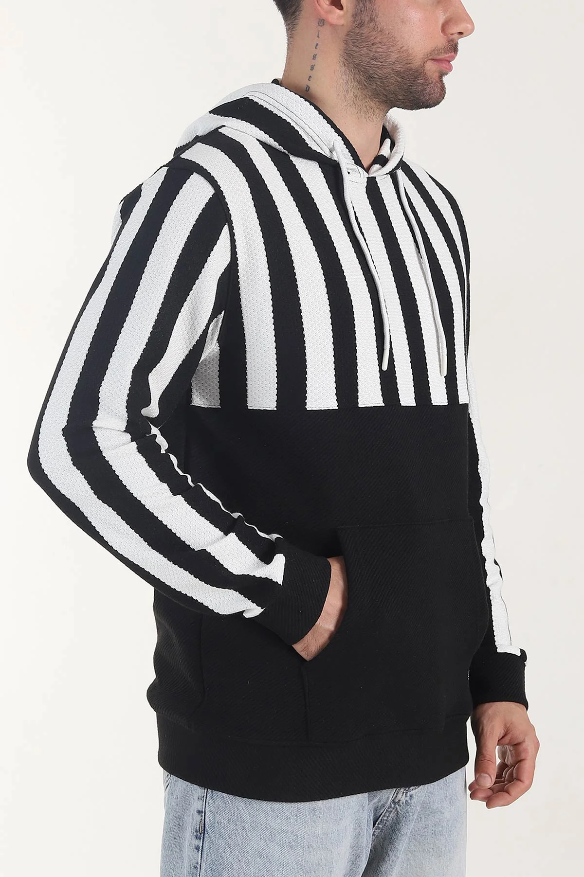 Siyah Kapüşonlu Şerit Detaylı Erkek Sweatshirt 408063