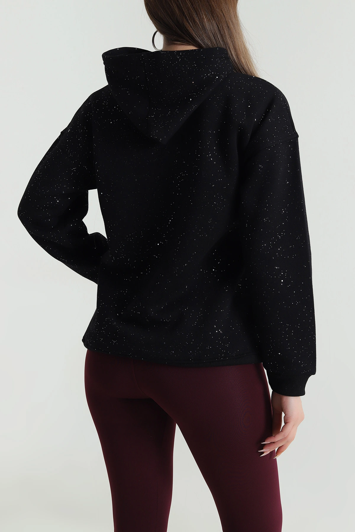 Siyah Kapüşonlu Simli Kadın Sweat 489380