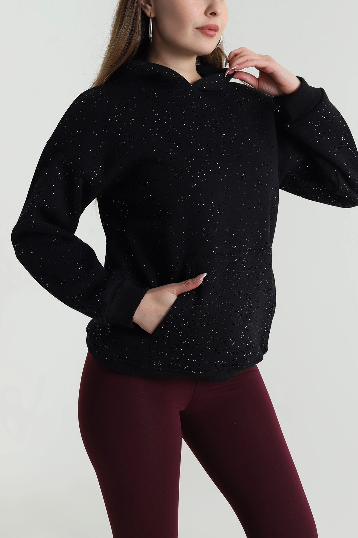 Siyah Kapüşonlu Simli Kadın Sweat 489380
