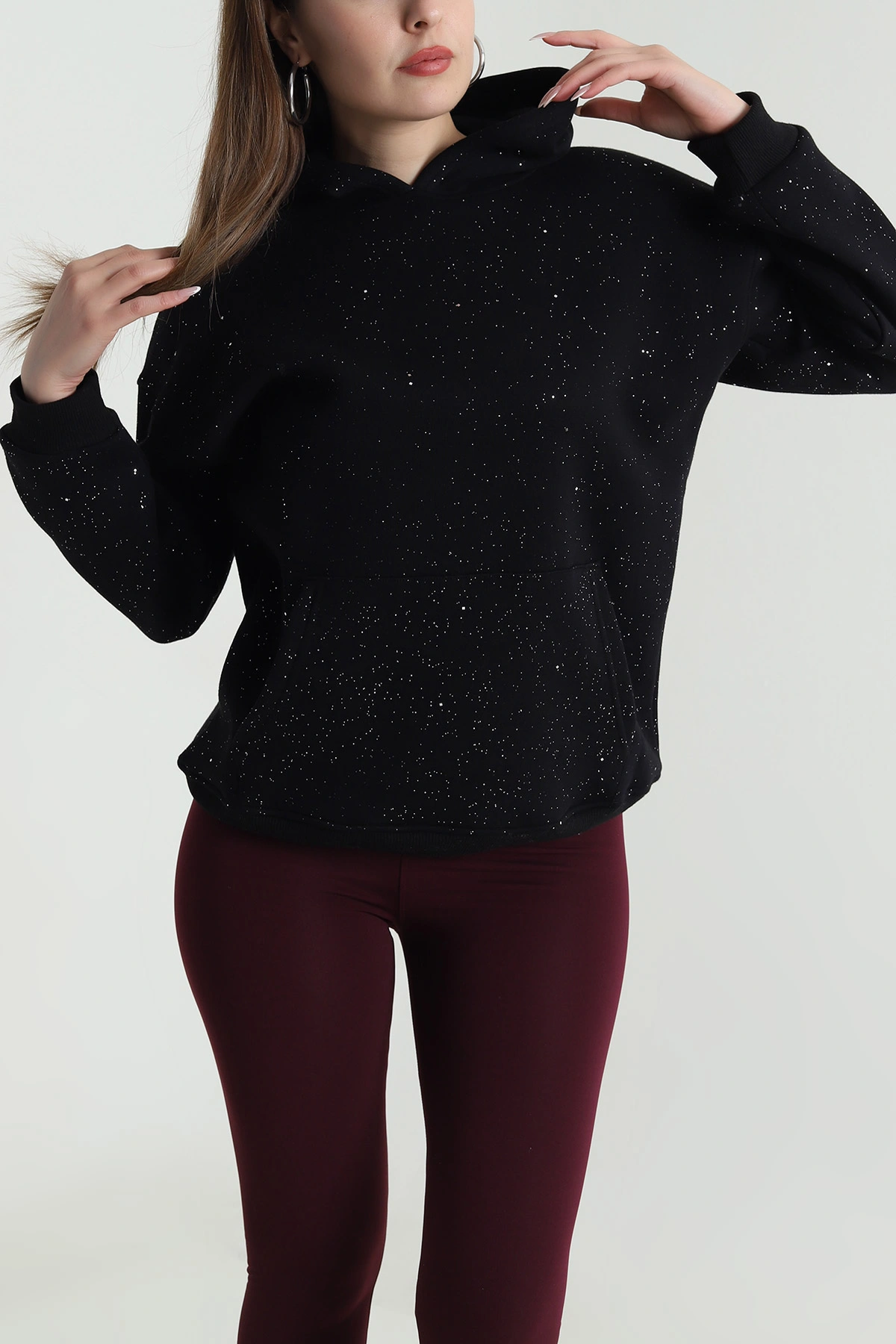 Siyah Kapüşonlu Simli Kadın Sweat 489380
