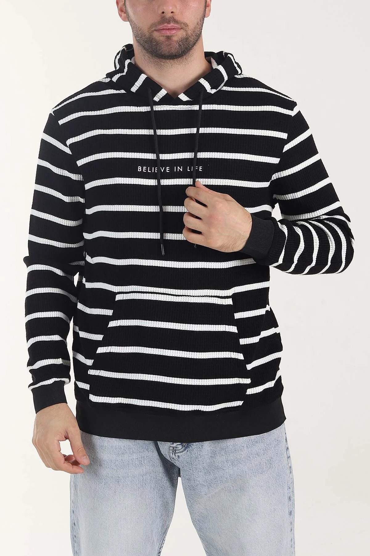 Siyah Kapüşonlu Yazı Detaylı Çizgili Erkek Sweatshirt 407969