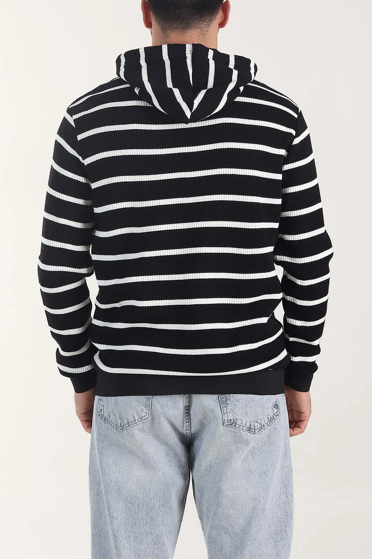 Siyah Kapüşonlu Yazı Detaylı Çizgili Erkek Sweatshirt 407969