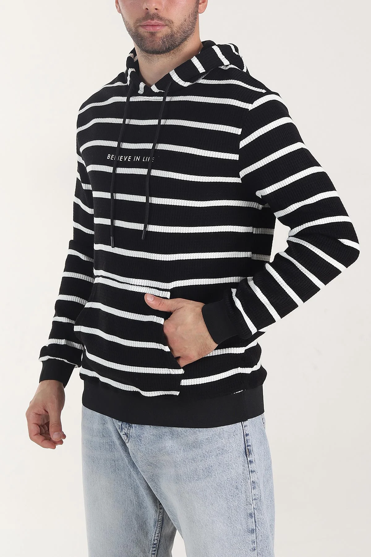 Siyah Kapüşonlu Yazı Detaylı Çizgili Erkek Sweatshirt 407969