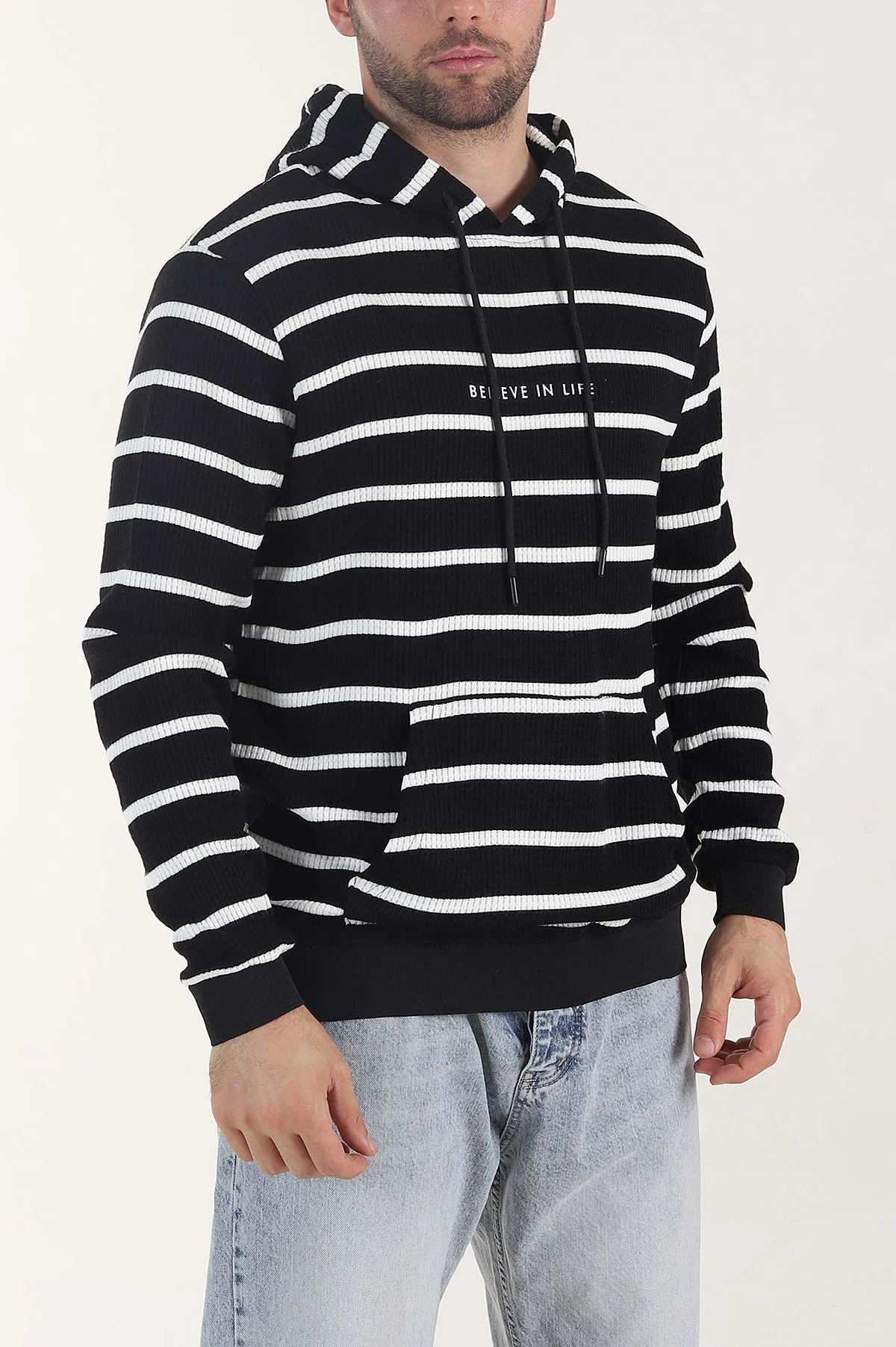 Siyah Kapüşonlu Yazı Detaylı Çizgili Erkek Sweatshirt 407969