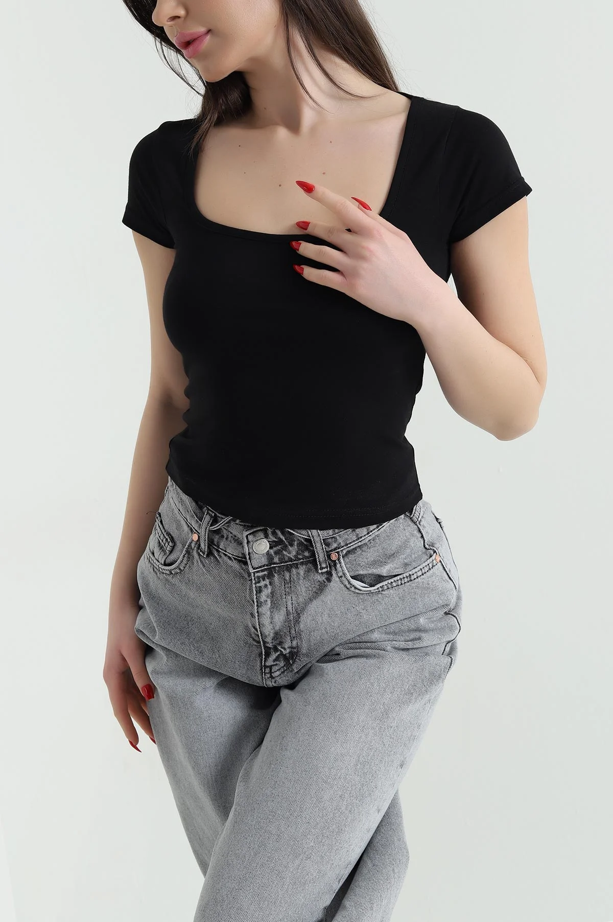 Siyah Kare Yaka Kısa Kol Kadın Body 439580