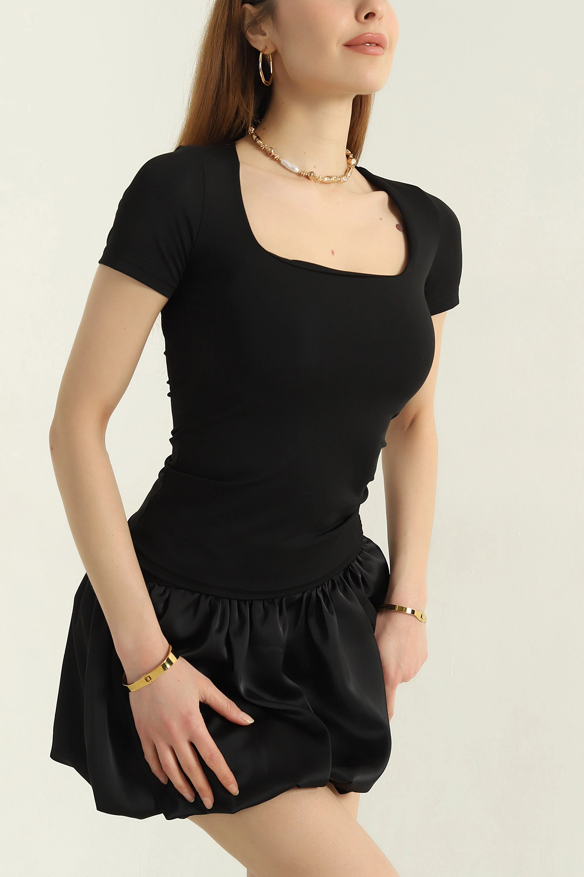 Siyah Kare Yaka Likralı Sandy Kadın Bluz 361144