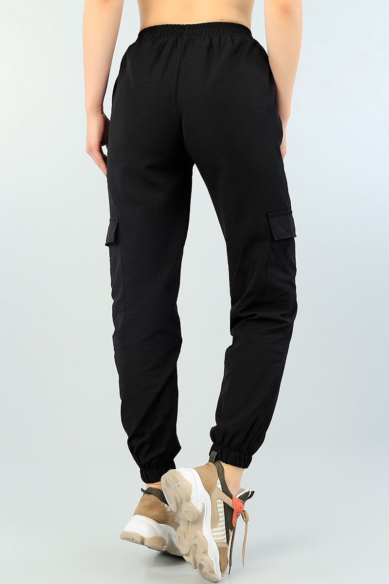 Siyah Kargo Cepli Poplin Yazlık Pantolon 64823