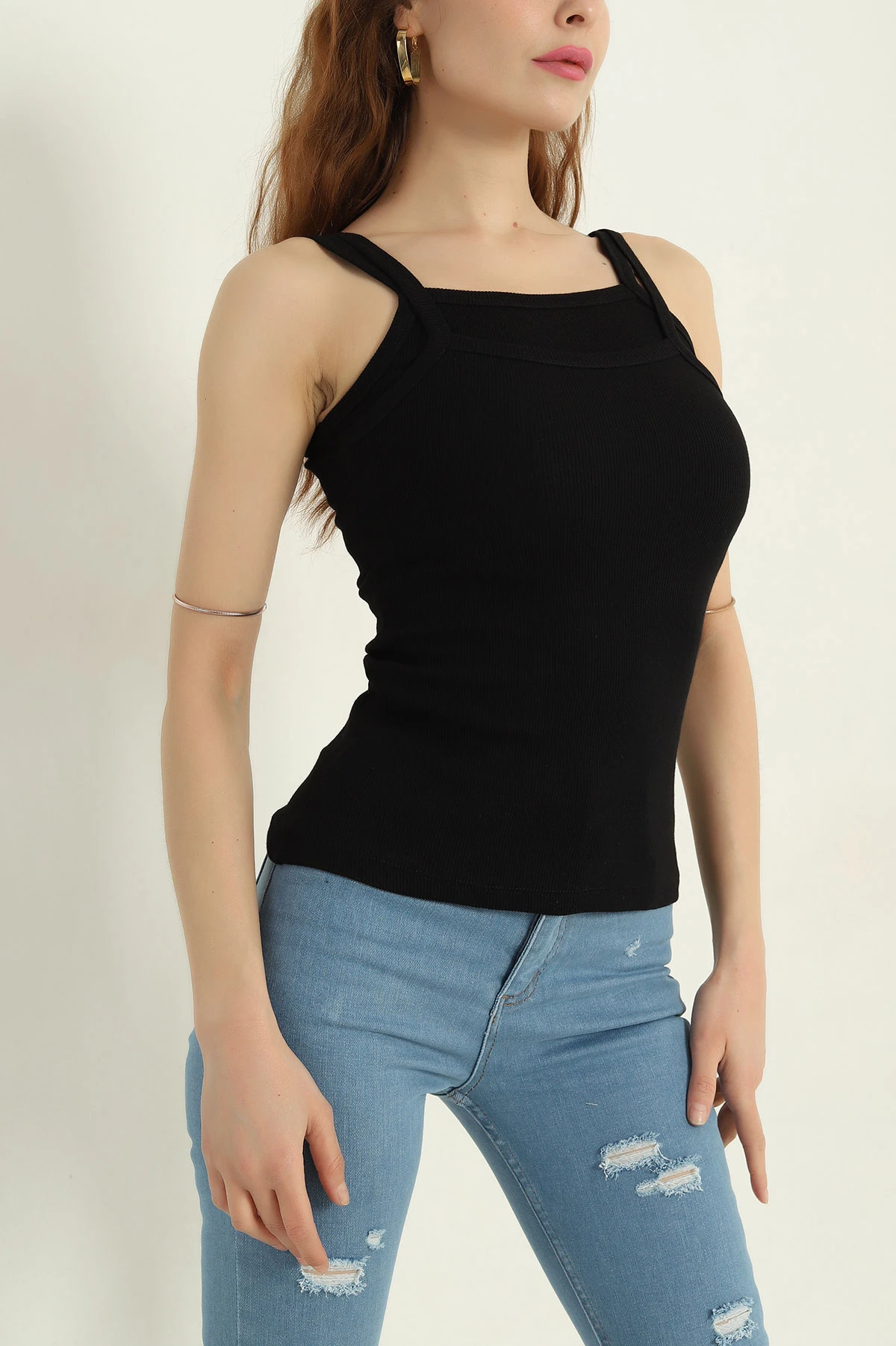 Siyah Kaşkorse İp Askılı Likralı Kadın Atlet 366865