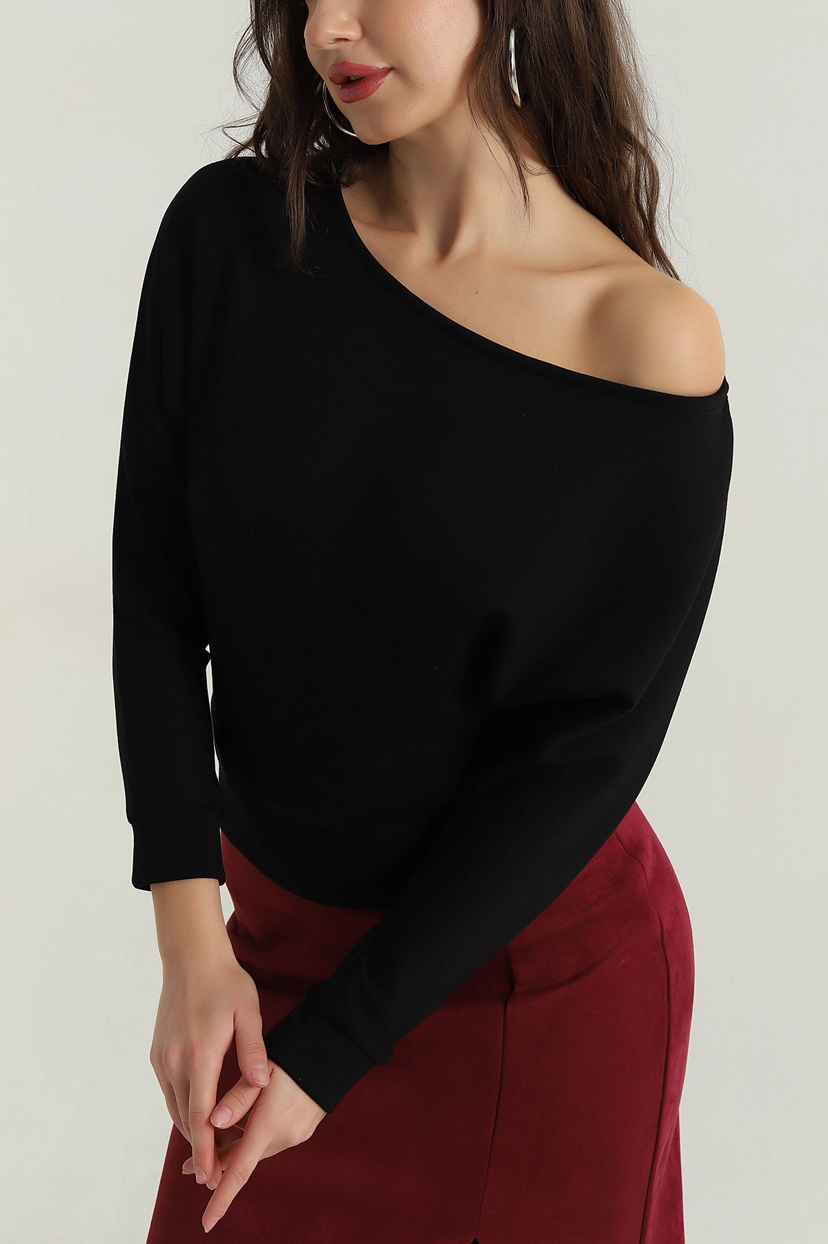 Siyah Kayık Yaka Oysho Kadın Bluz 408582