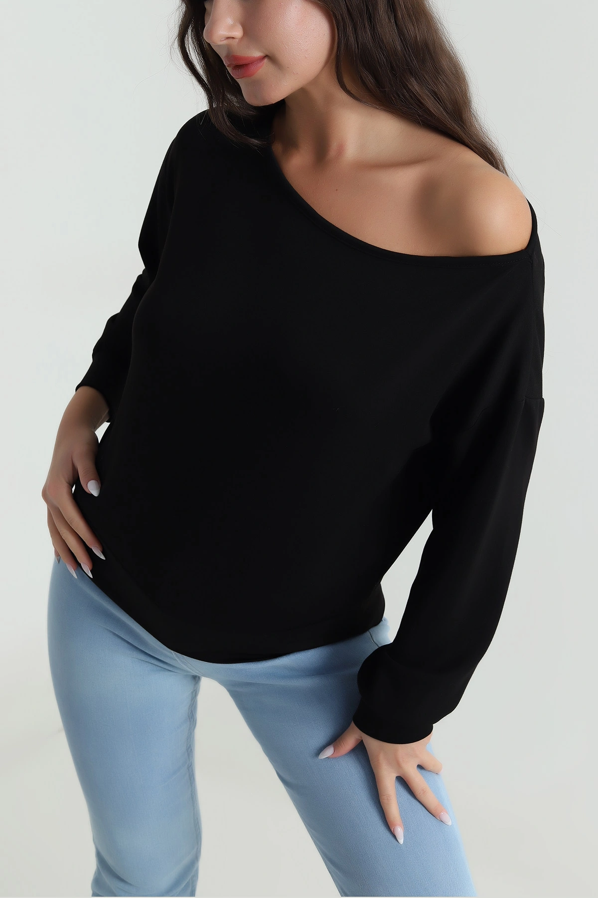 Siyah Kayık Yaka Oysho Kadın Bluz 485724