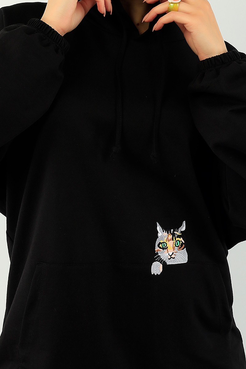Siyah Kedi Nakışlı Sweat Tunik 74640