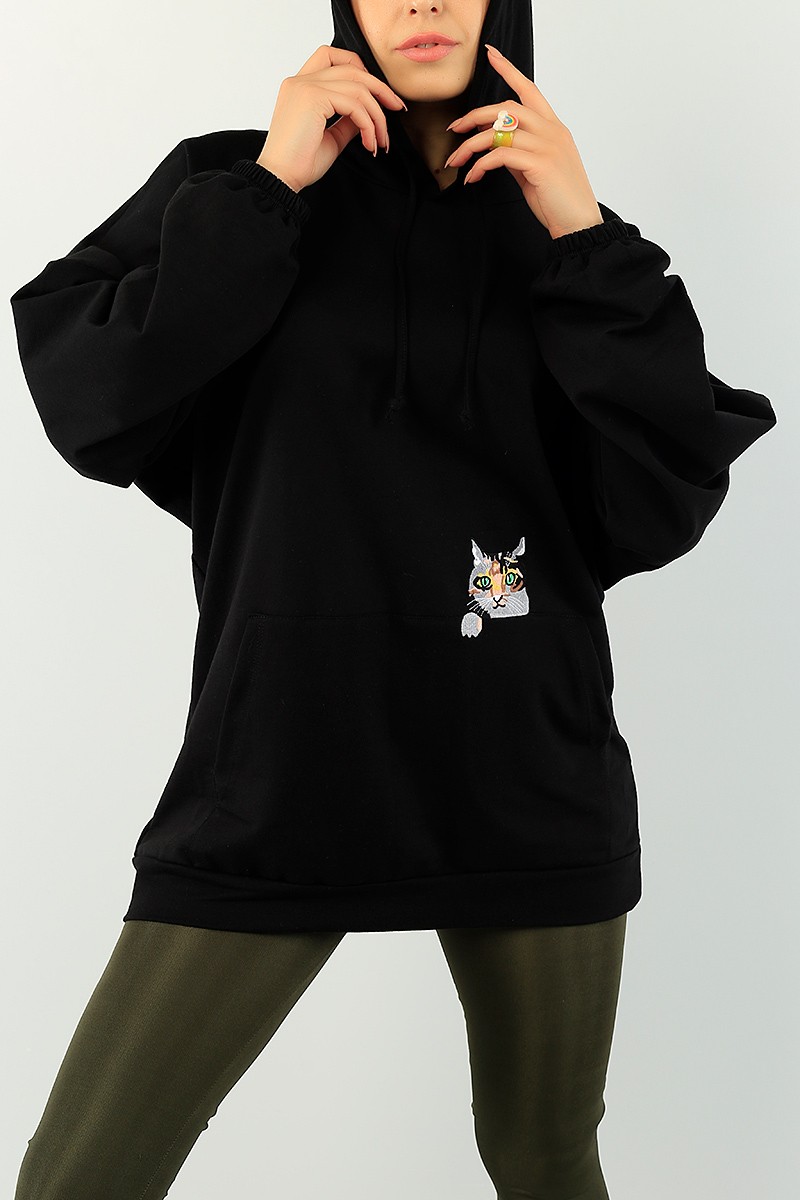 Siyah Kedi Nakışlı Sweat Tunik 74640