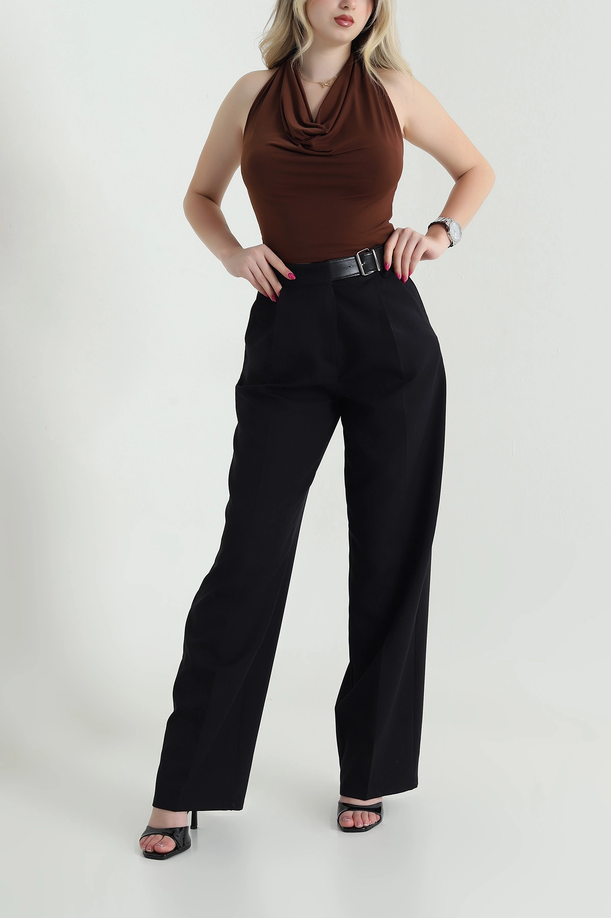 Siyah Kemer Tokalı Palazzo Kadın Pantolon 463366