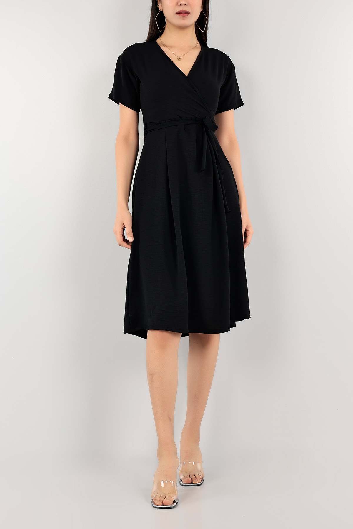 Siyah Kemerli Aerobin Kumaş Elbise 109980