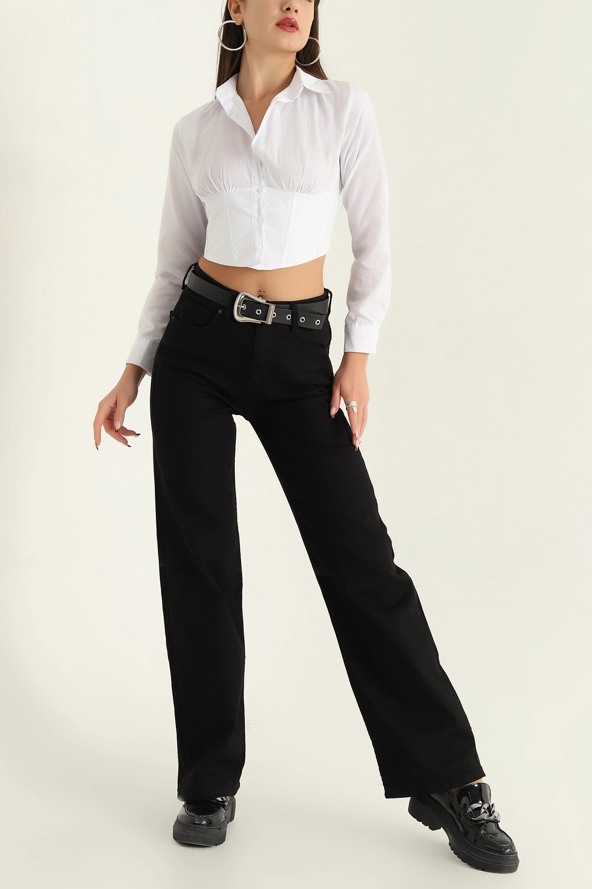 Siyah Kemerli Boru Paça Bayan Kot Pantolon 314447