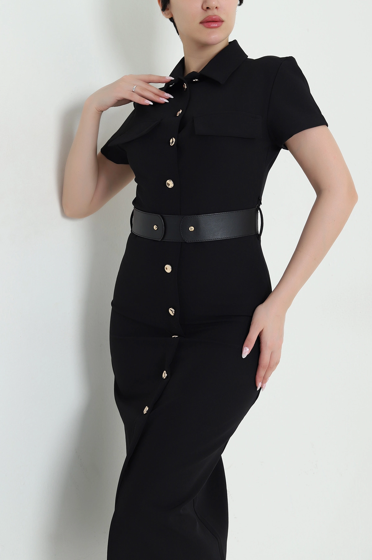Siyah Kemerli Double Kadın Elbise 457590
