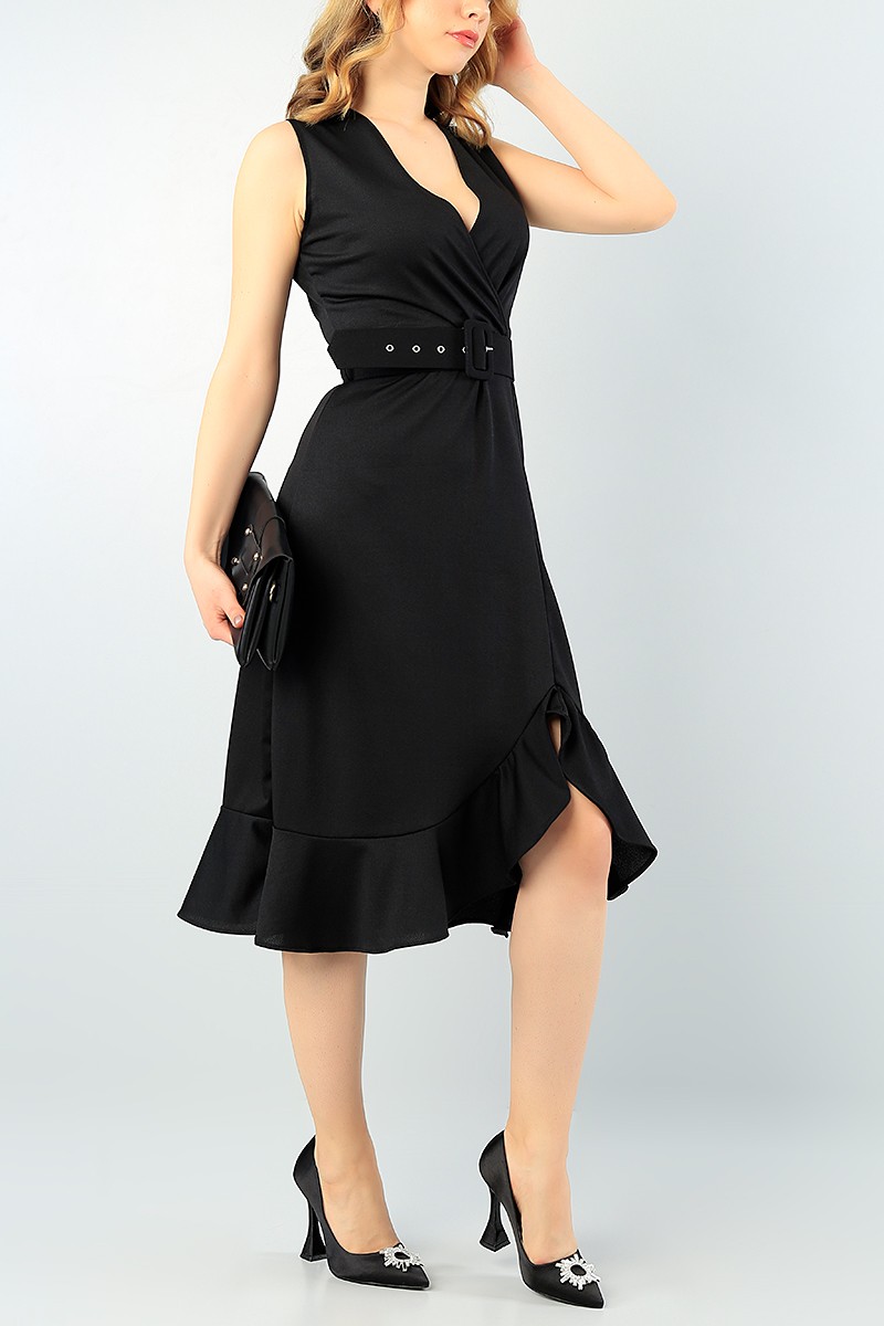 Siyah Kemerli Eteği Volanlı Elbise 63802