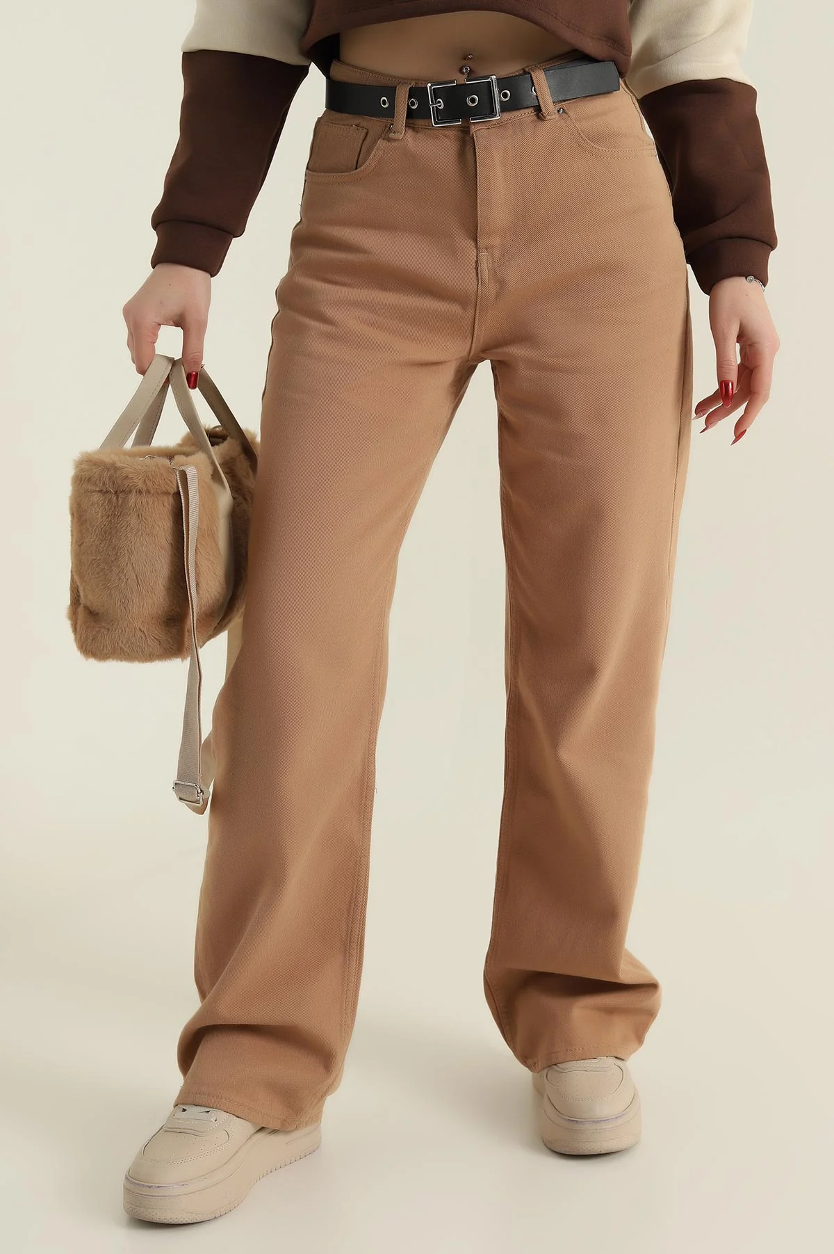 Siyah Kemerli Palazzo Camel Kadın Kot Pantolon 422451