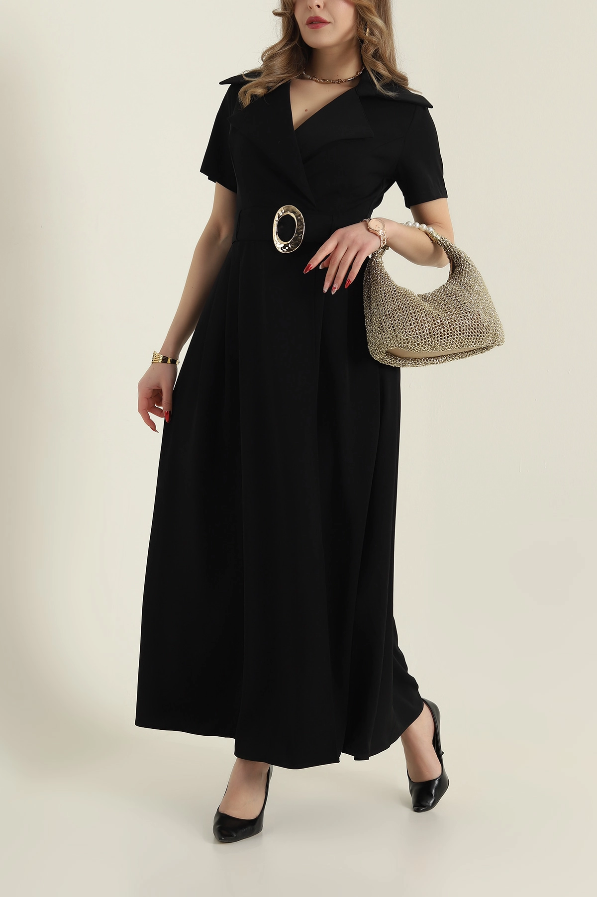 Siyah Kemerli Twill Kumaş kadın Elbise 425602