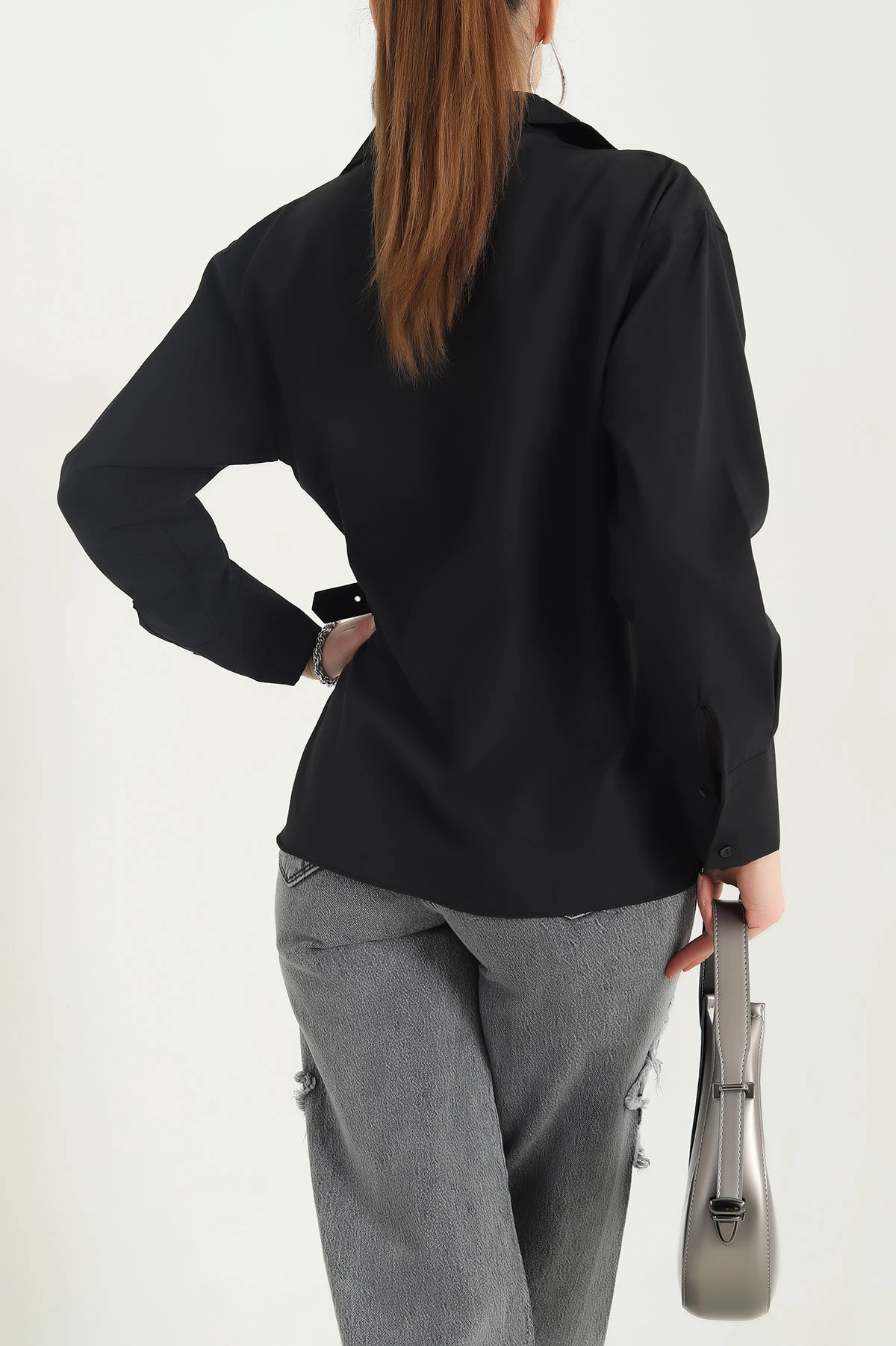 Siyah Kendinden Kemerli Kadın Poplin Bluz 342850