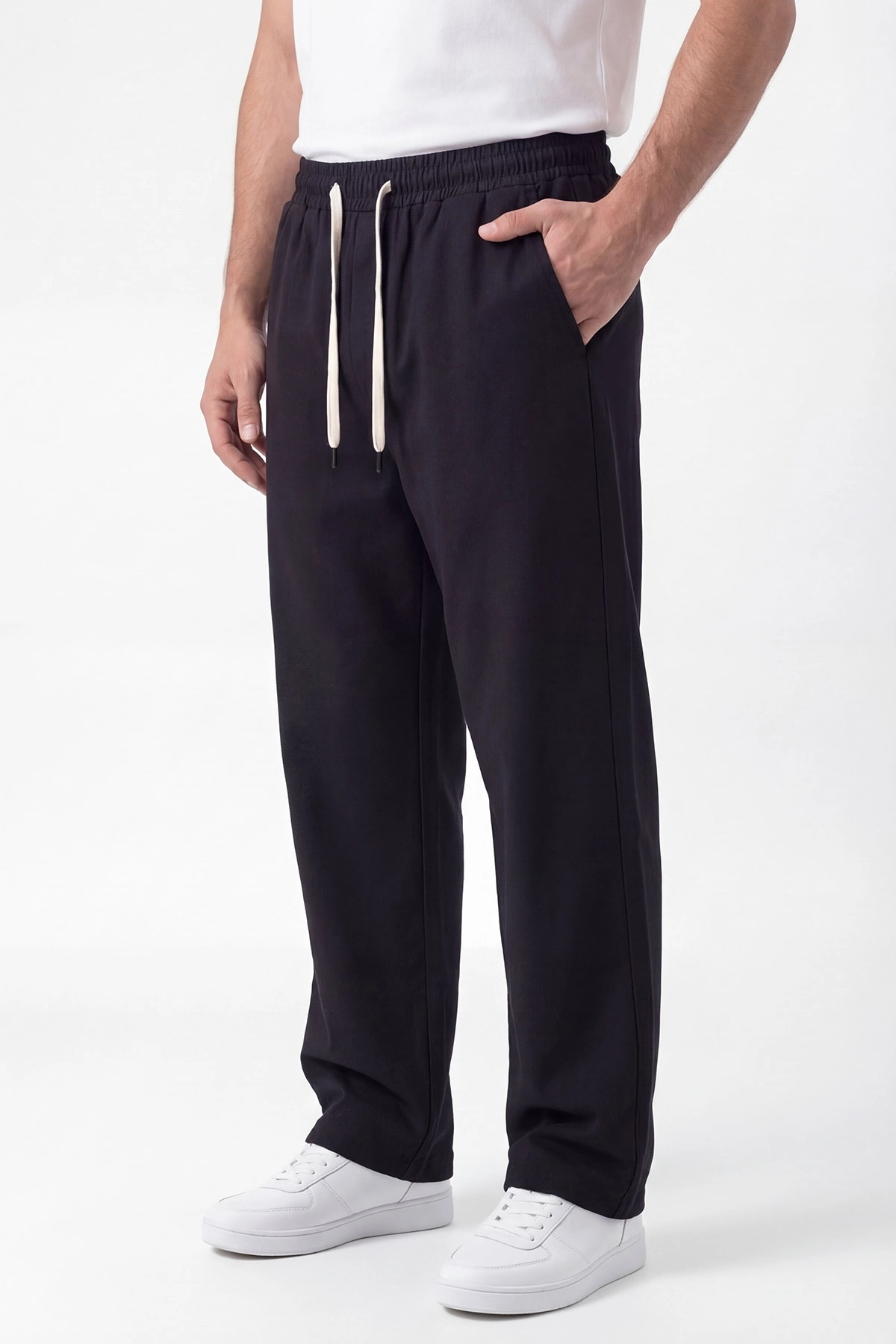 Siyah Keten Baggy Belden Bağlamalı Erkek Pantolon 442753