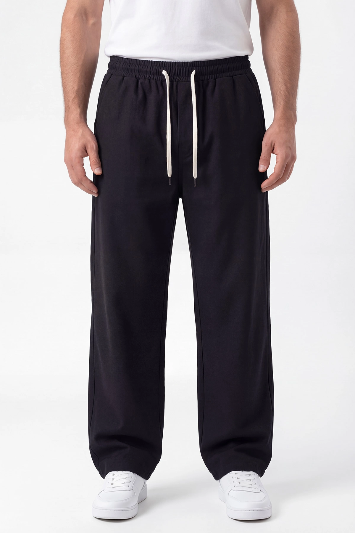 Siyah Keten Baggy Belden Bağlamalı Erkek Pantolon 442753