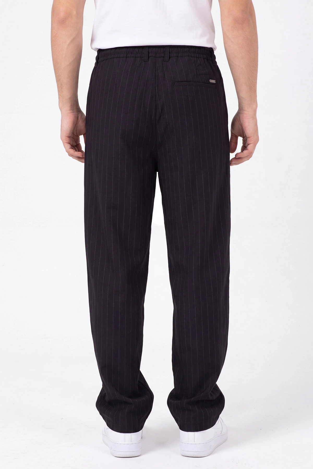 Siyah Keten Baggy Çizgi Detaylı Belden Bağlamalı Erkek Pantolon 466688