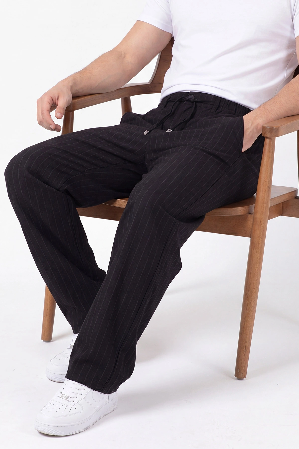 Siyah Keten Baggy Çizgi Detaylı Belden Bağlamalı Erkek Pantolon 466688