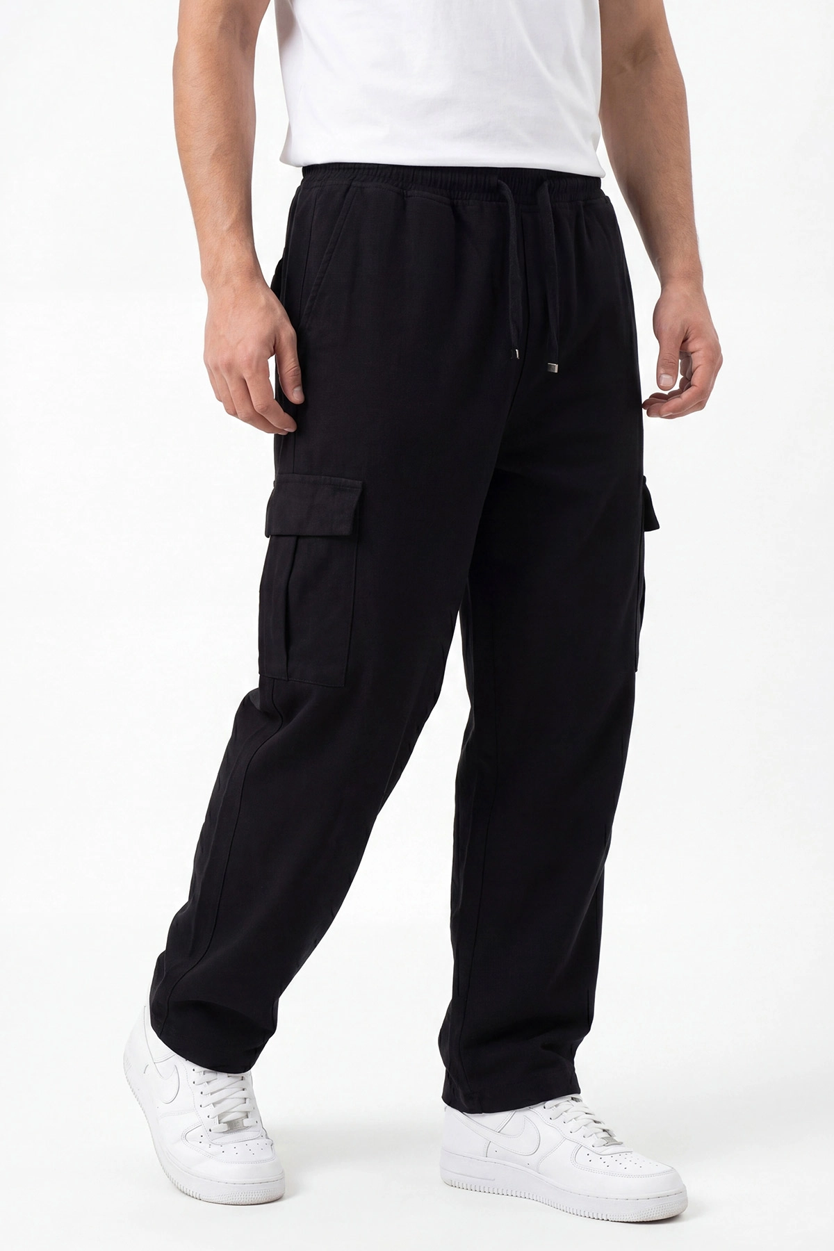 Siyah Keten Baggy Kargo Cepli Erkek Pantolon 456099