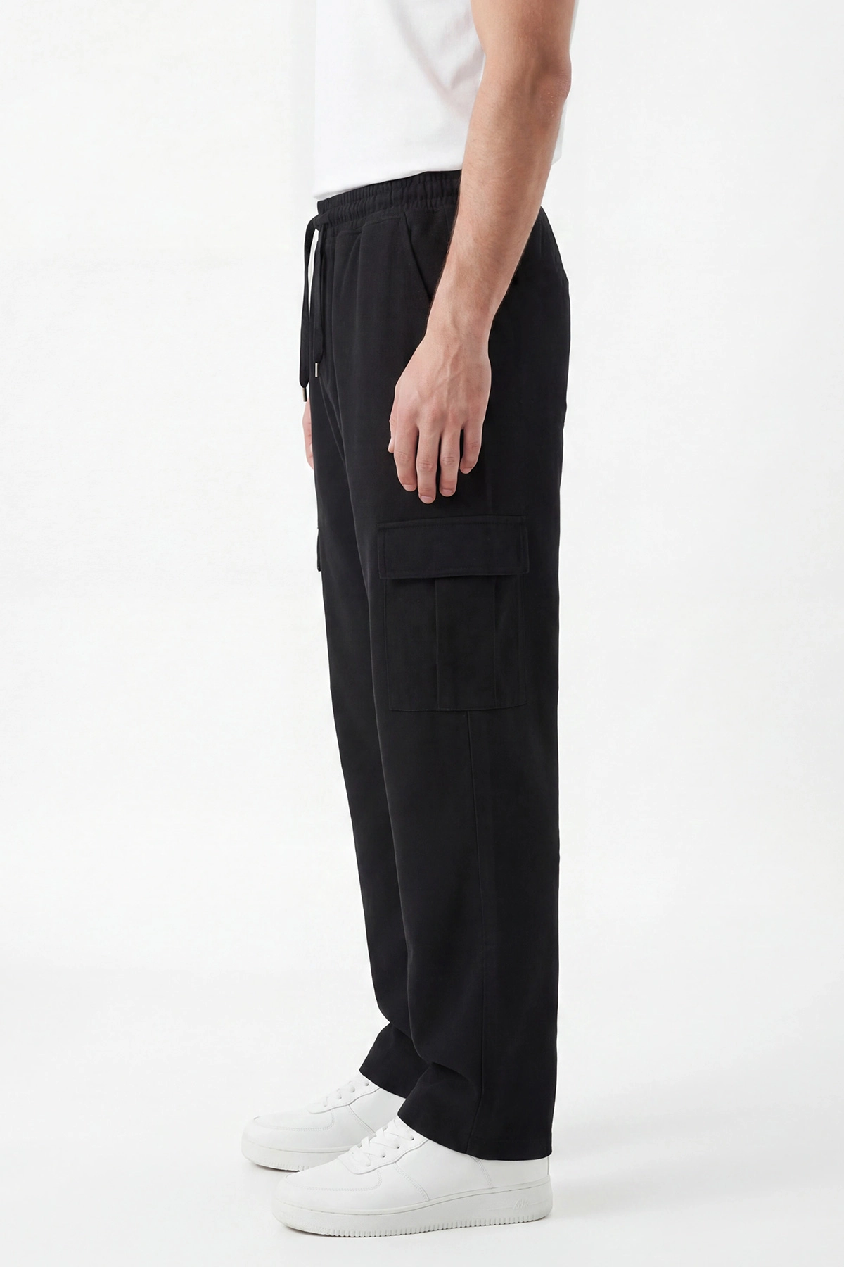 Siyah Keten Baggy Kargo Cepli Erkek Pantolon 456099
