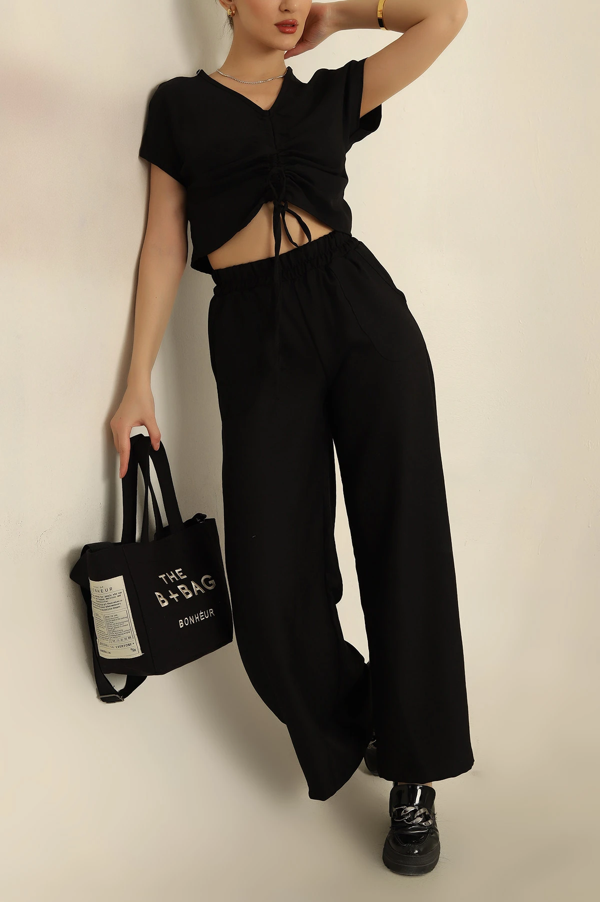 Siyah Keten Büzgülü Bluz Pantolon Takım 259935