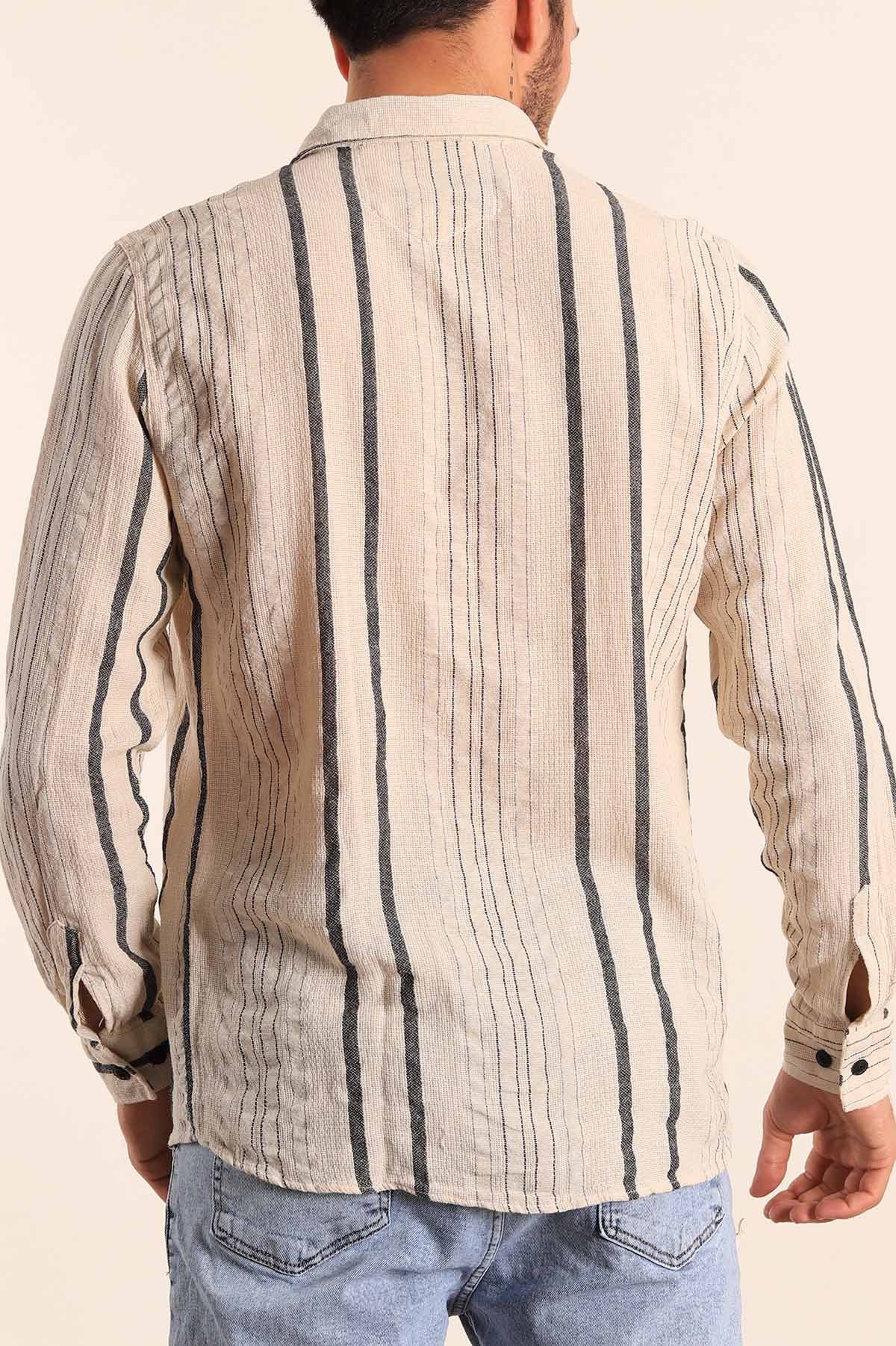Siyah Keten Çizgili Uzun Kollu Erkek Gömlek 187668