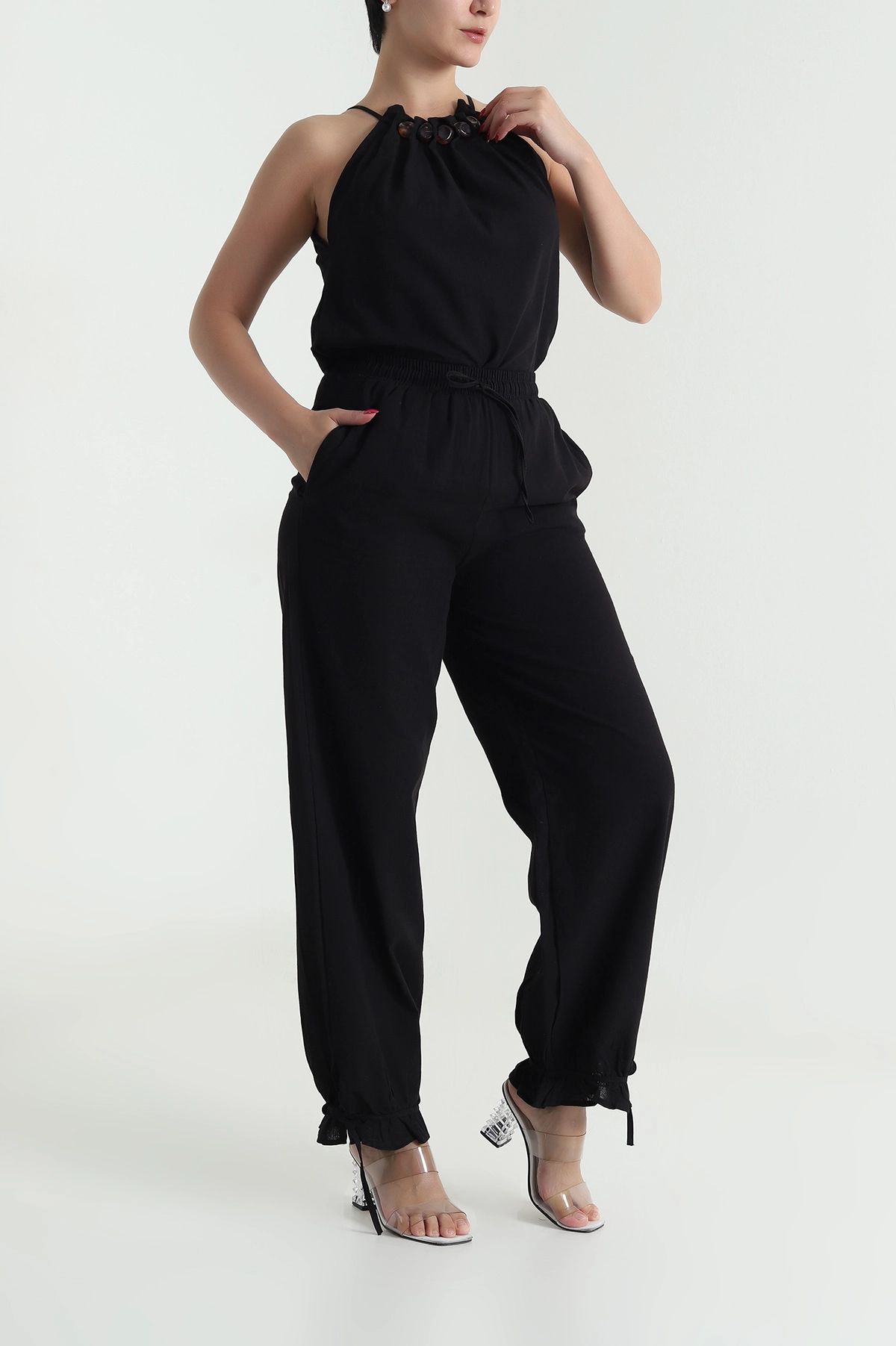 Siyah Keten Pantolon Bluz Kadın İkili Takım 478076