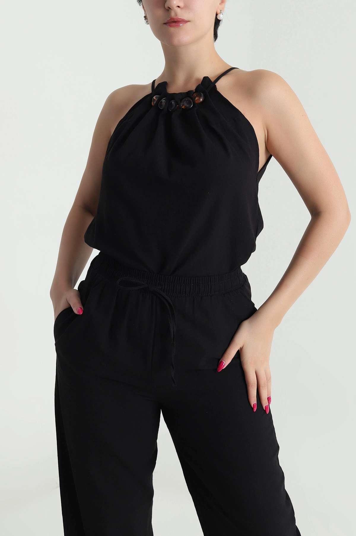 Siyah Keten Pantolon Bluz Kadın İkili Takım 478076
