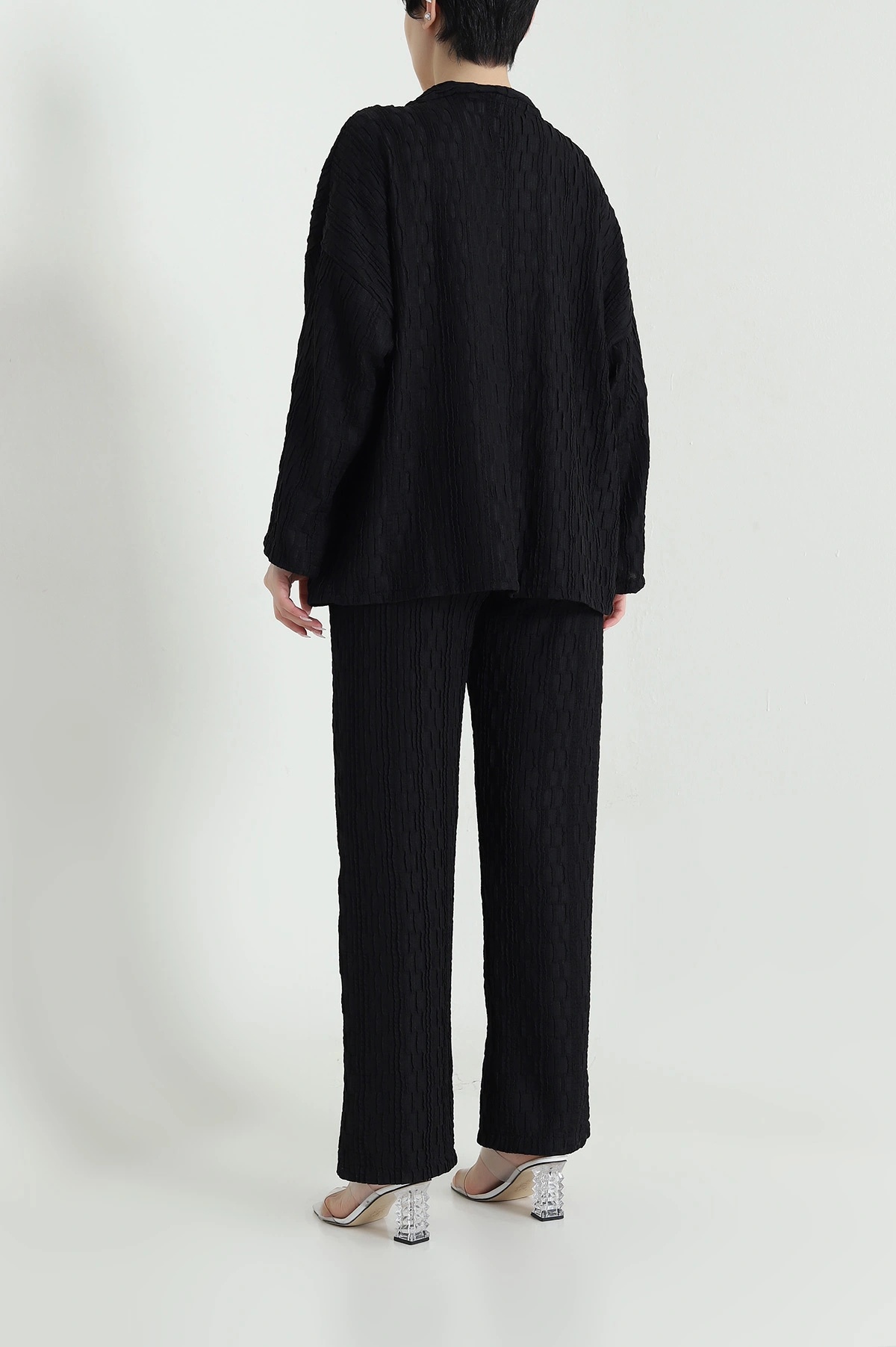 Siyah Kimono Pantolon Gofre Kadın İkili Takım 458356