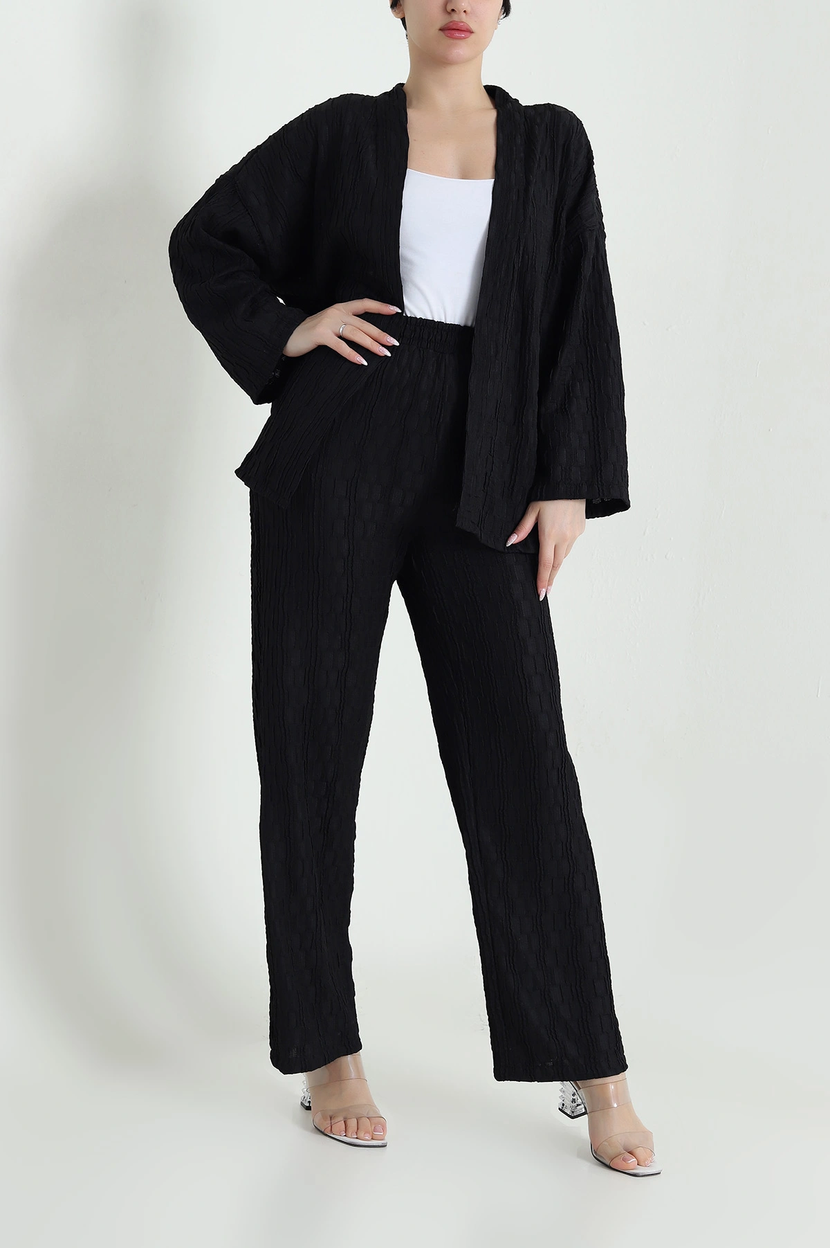 Siyah Kimono Pantolon Gofre Kadın İkili Takım 458356